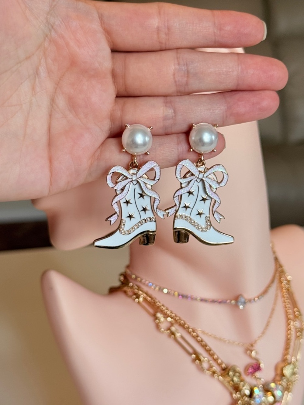 Pearl Top Blue Cowboy Boot Drop Earrings - Women Jewelry - Picture 12 of 13